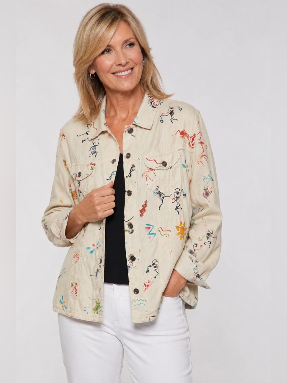 Chico’s Linen Blend Abstract Print Jacket Size 2 Art To Wear Button Front